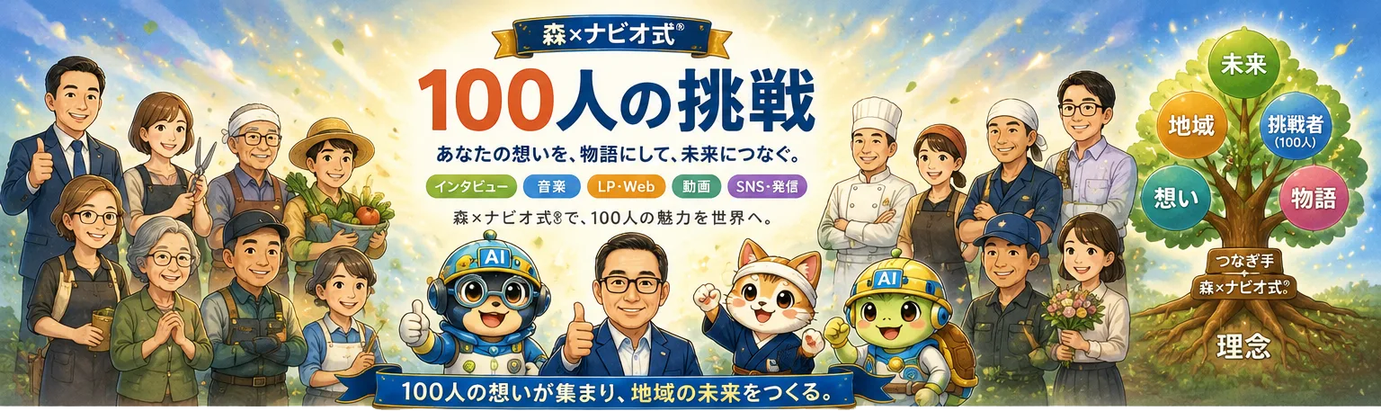 100人の挑戦 メインビジュアル。多様な職業の人々と、ナビオ君たち、運営の森幸夫が並ぶイラスト